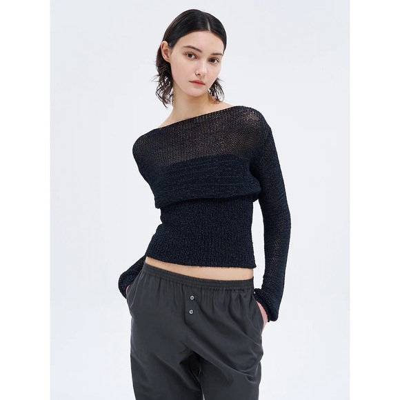 Paloma Wool Mosto Sweater in Navy Blue Knit Net Mesh Layer Smocked Bottom Slinky - Picture 3 of 11